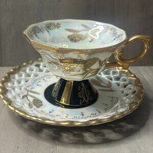 Vintage Royal Sealy China Japan Iridescent Black w/ Gold Trim Cup & Saucer Set